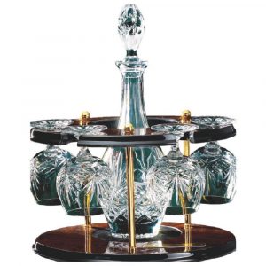 Cut Crystal Decanter set with Four Brandy Balloons on Wood Carousel